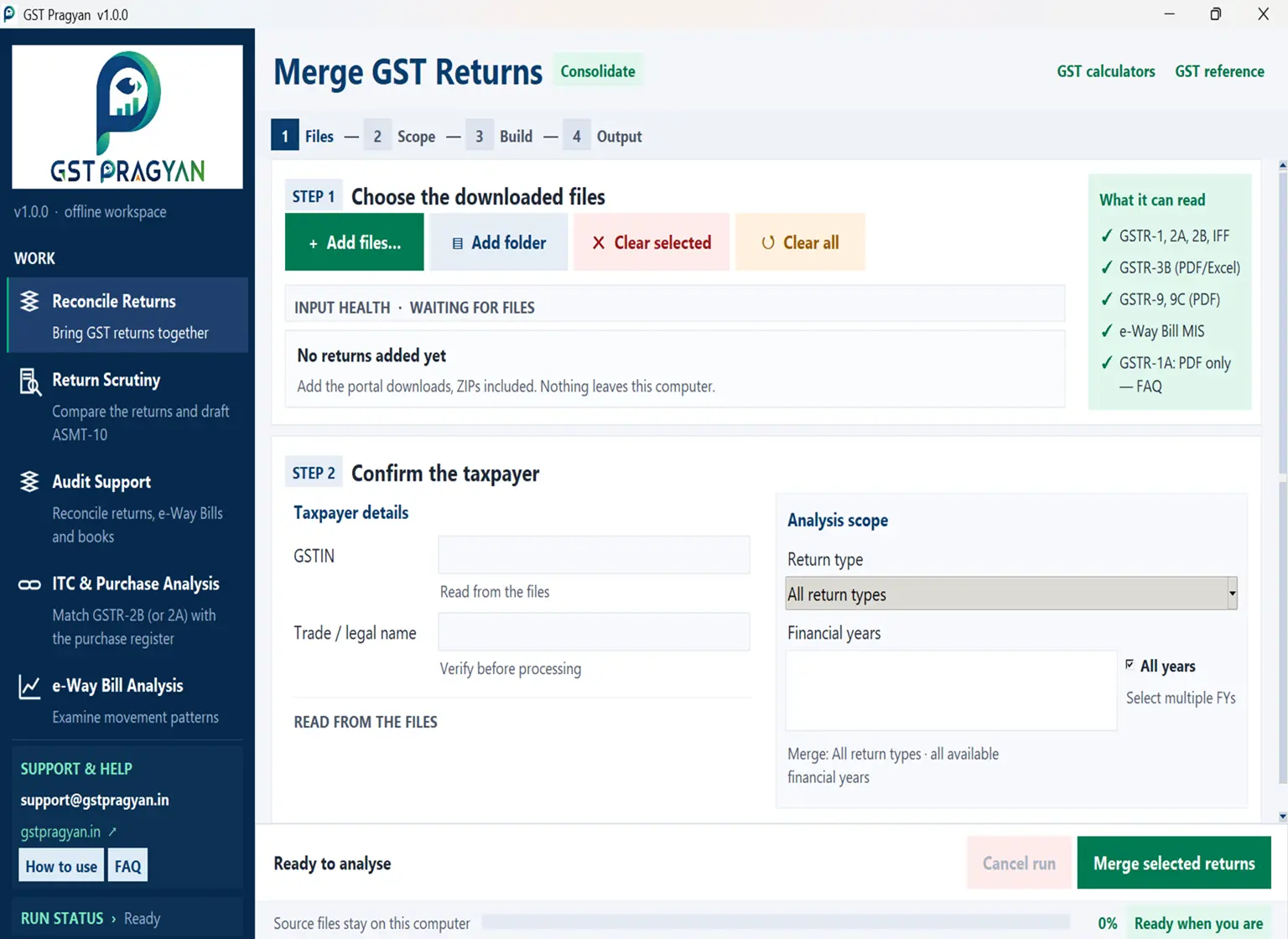 Actual GST Pragyan desktop application showing the Merge GST Returns workspace